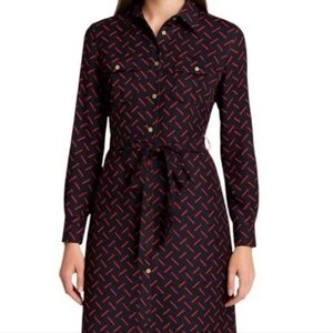 100% Silk Navy + Red Patterned Shirt Dress